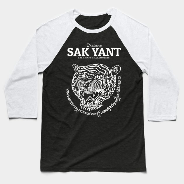 Muay Thai Sak Yant Tiger Baseball T-Shirt by KewaleeTee